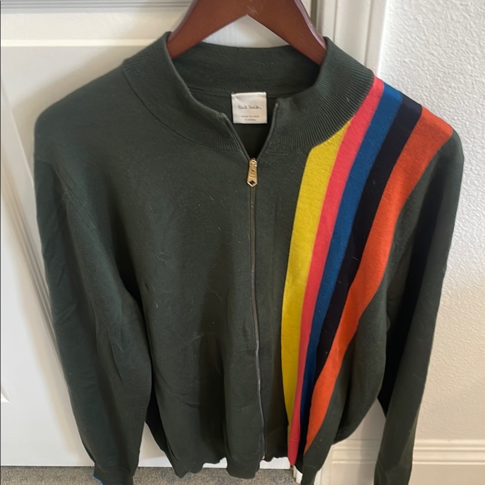 Paul Smith Men's Zip-Up Sweater - Olive with Multicolor Stripes